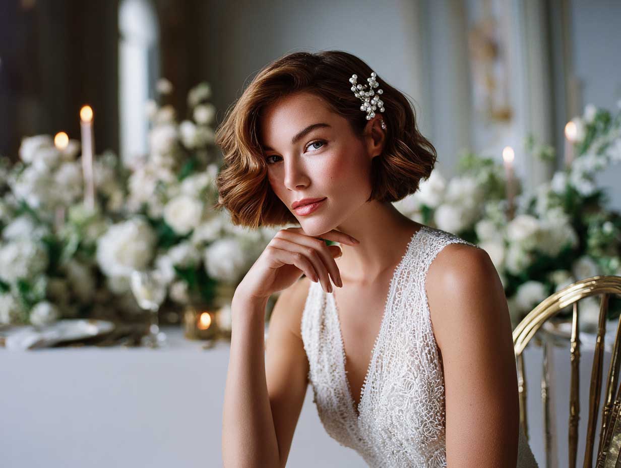 full-length bridal model with a chin length bob haircut, soft loose waves, pearl hairpins accenting one side, vintage lace wedding dress, elegant indoor wedding venue with candlelight, soft white floral background, cinematic lighting, editorial fashion photography
