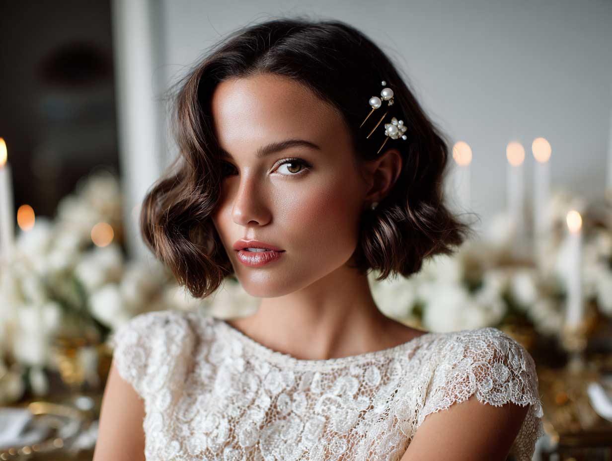 full-length bridal model with a chin length bob haircut, soft loose waves, pearl hairpins accenting one side, vintage lace wedding dress, elegant indoor wedding venue with candlelight, soft white floral background, cinematic lighting, editorial fashion photography