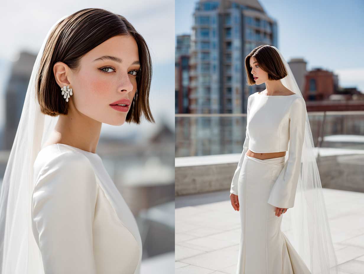 full-length fashion bridal model with a chin length bob, sharp sleek hair with a mirror-gloss finish, side-parted, modern veil attached at the back side, minimalist satin wedding gown, bright daylight in an architectural city rooftop venue, luxury editorial photo style