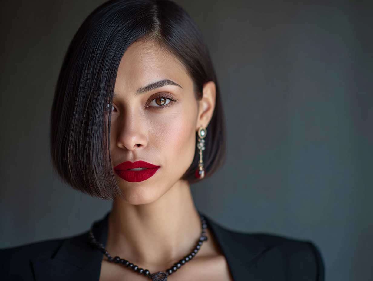 headshot of a woman with a chin length bob, ultra-sleek and straight, deep side part, bold red lipstick, moody lounge lighting, dramatic contrast, non-standard beauty, editorial portrait style