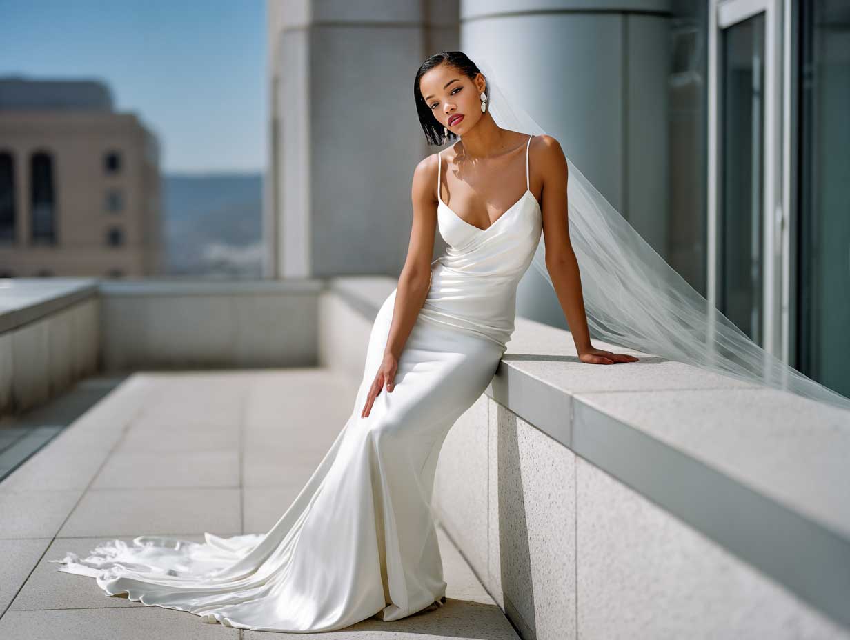 full-length fashion bridal model with a chin length bob, sharp sleek hair with a mirror-gloss finish, side-parted, modern veil attached at the back side, minimalist satin wedding gown, bright daylight in an architectural city rooftop venue, luxury editorial photo style