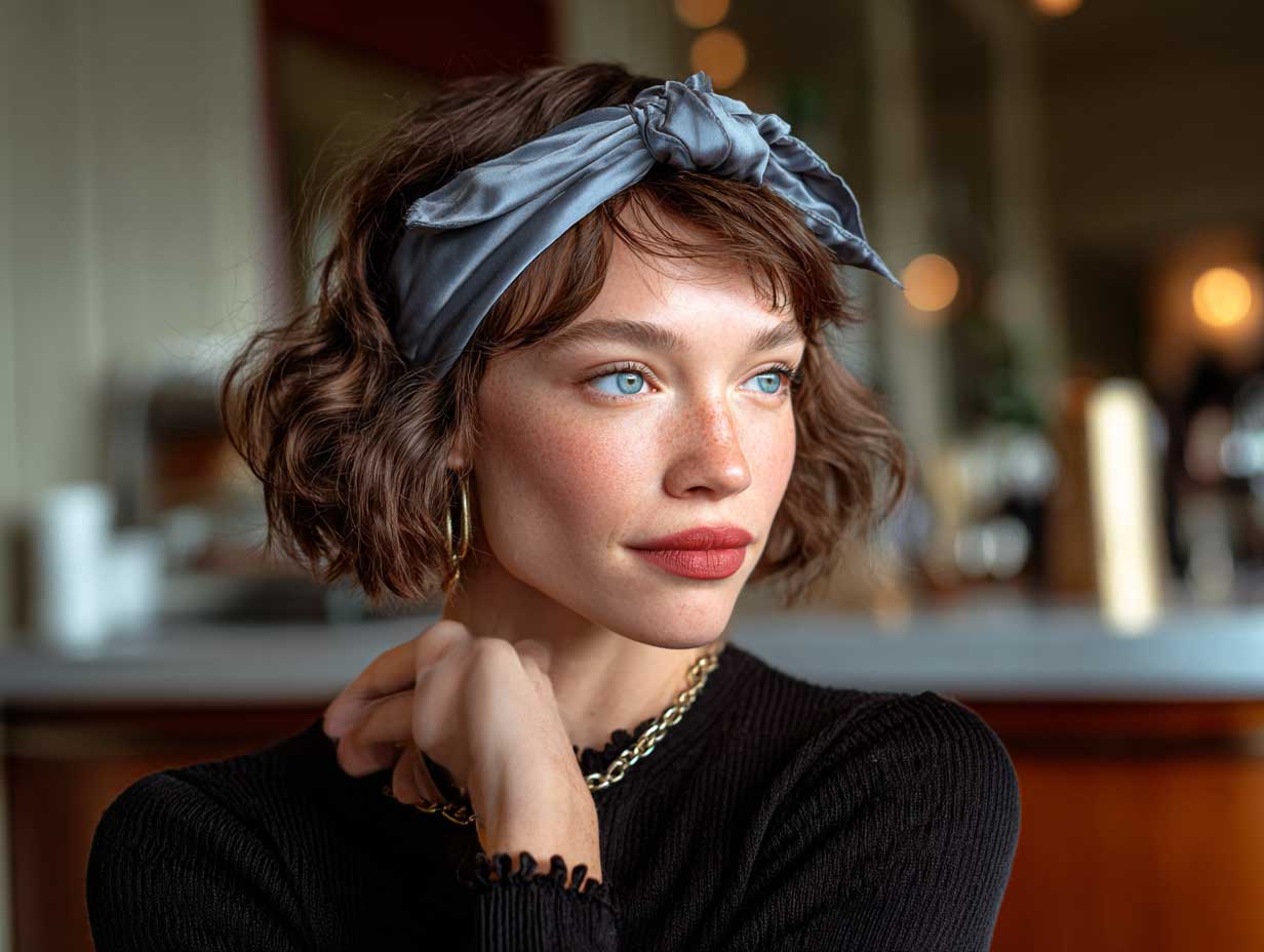 portrait of a woman with a chin length bob, textured waves, vintage silk headband, soft evening light, bohemian atmosphere, non-standard facial features, romantic spring café vibe, shallow depth of field