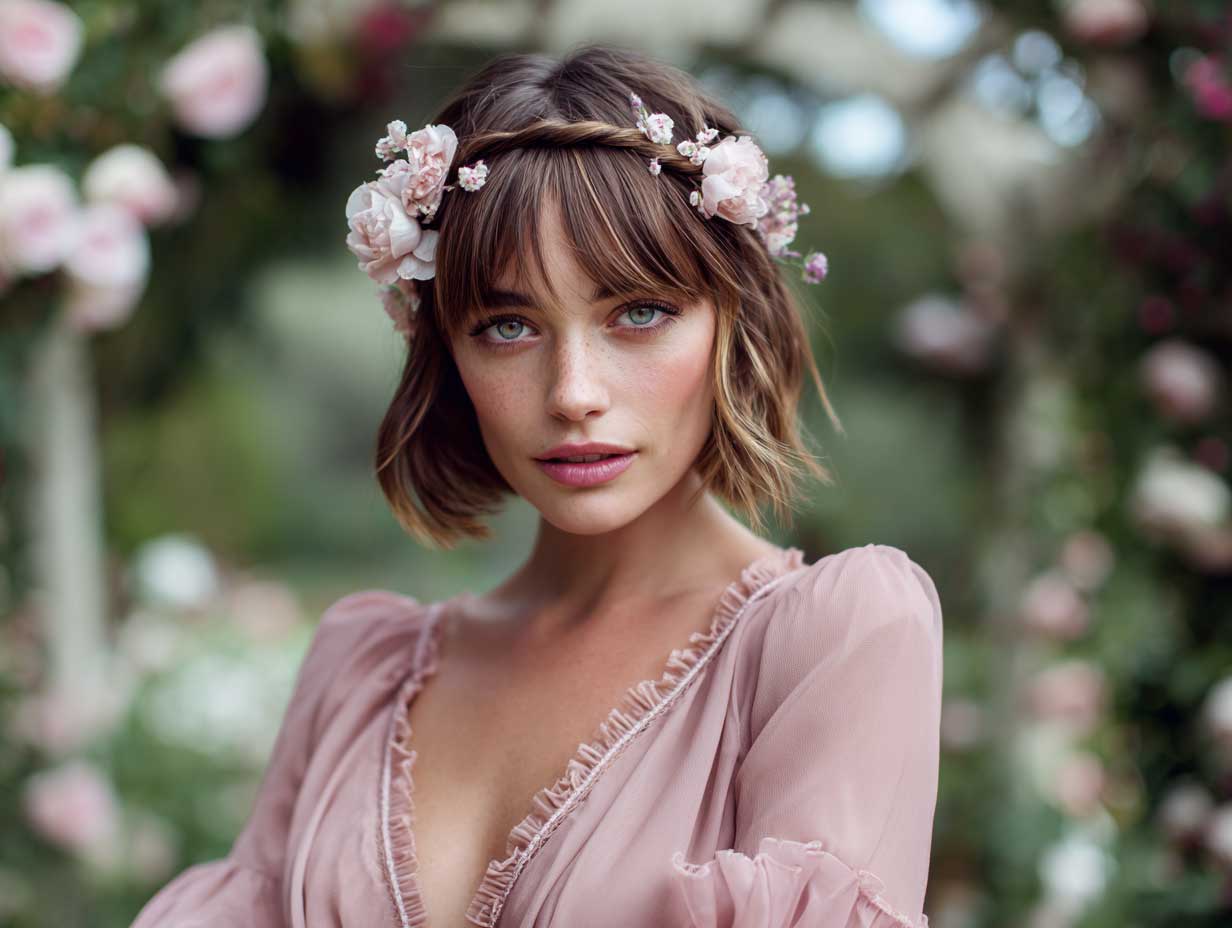 full-length wedding guest with chin length bob, soft braid twisted into a crown above the forehead, decorated with fresh pastel floral hair clips, romantic garden setting, flowy blush dress, soft-focus dreamy background, natural lighting, vintage film style photography