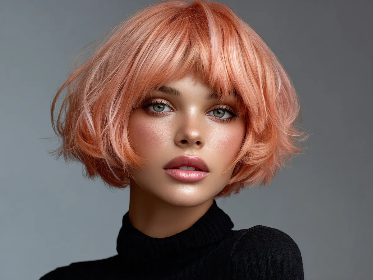 editorial portrait of a woman with a choppy bob hairstyle, coral peach hair with tapered layers, soft finish, defined cheekbones, diamond face shape, artistic fashion styling