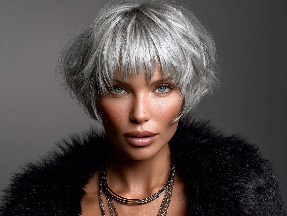 studio portrait of a woman with a choppy bob haircut, icy silver hair with micro fringe, razor cut texture, diamond face shape, angular features, high-fashion clothing, bold editorial lighting