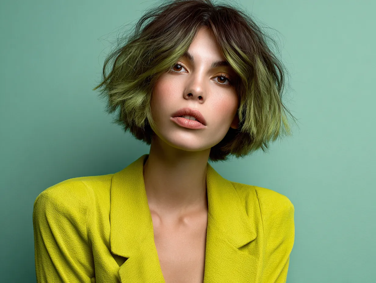 editorial portrait of a woman with a choppy bob haircut, citrus green color, layered texture for volume, subtle side part, long face shape, unique elongated proportions