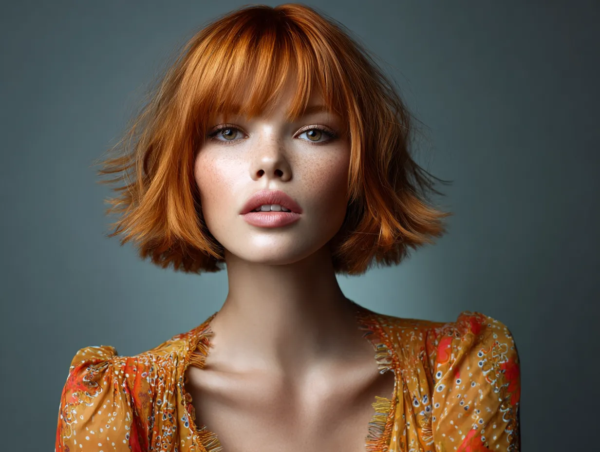 editorial fashion portrait of a woman with a choppy bob hairstyle, candy apple orange hair, airy soft layers, feathered ends, oval face shape, creative wardrobe, high-gloss lighting, original facial structure