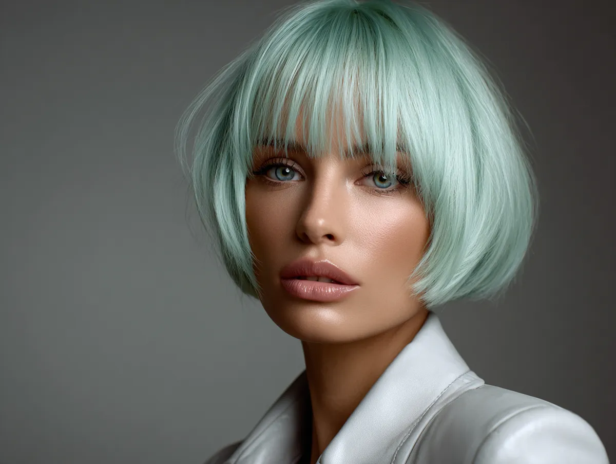 portrait of a woman with a choppy bob haircut, mint green hair, layered with side swept bangs, sharp cheekbones, diamond face shape, unique facial features, soft editorial lighting, trendy modern outfit, high-definition studio shot