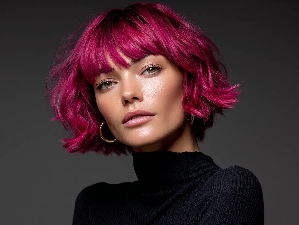 portrait of a woman with a choppy bob haircut, vibrant magenta hair with flame-shaped cut ends, jagged layers, oval face shape, glowing skin, non-standard facial features, soft fashion lighting, bold artistic styling