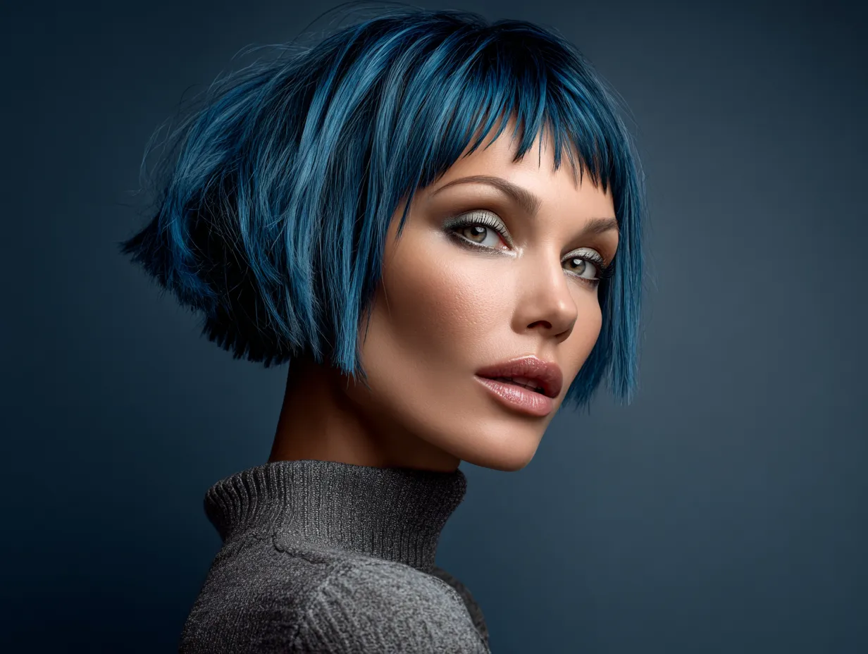 studio shot of a woman with a choppy bob hairstyle, sapphire blue hair, sharp angled contour cut, precise layering, oval face type, futuristic fashion, non-standard beauty, dramatic lighting