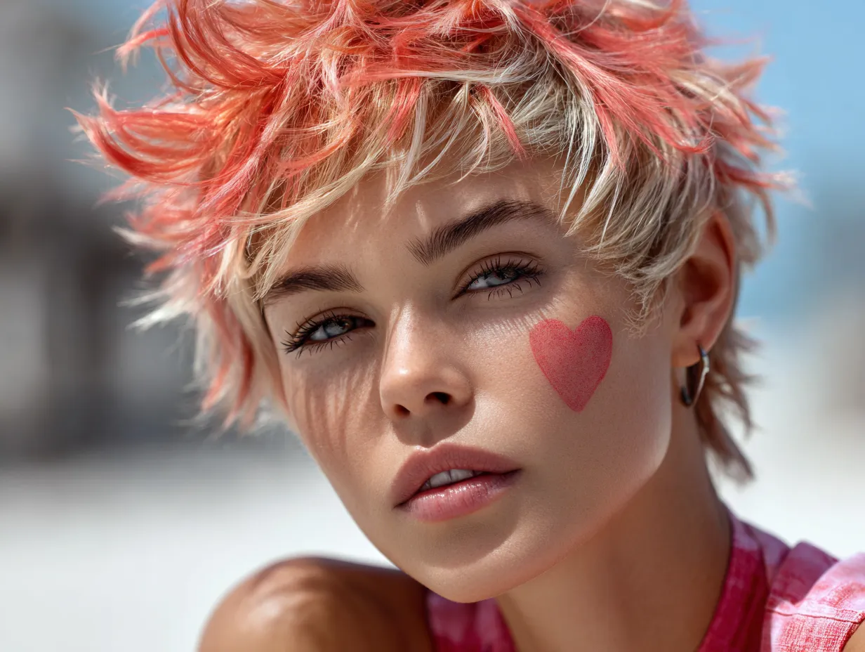 artistic close-up of a woman with a heart-shaped face, tousled choppy pixie cut, platinum blonde base with bright coral tips, outdoor daylight setting, windswept hair, creative visual angle, strong cheekbones, unique facial details
