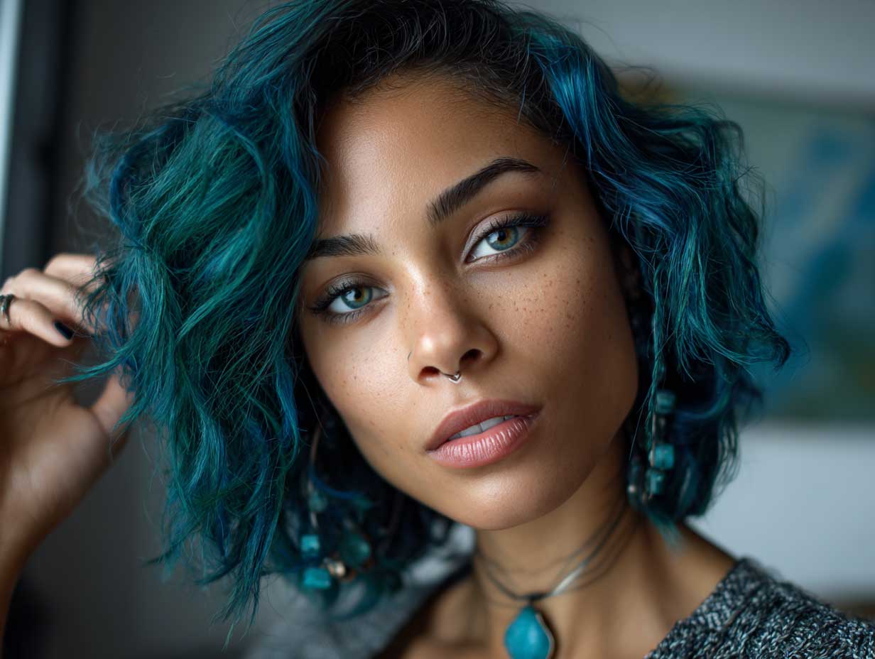 realistic close-up of a woman with an oval face, medium-length choppy hairstyle, layered cut, mix of deep teal and indigo hair colors, styled in loose waves, artistic indoor lighting, unique fashion look, original facial features, cool-tone styling