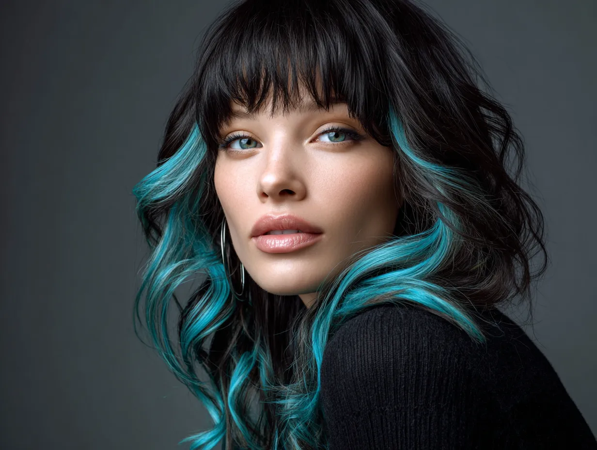 portrait of a woman with a heart-shaped face, choppy layered hairstyle with long curtain bangs, black hair with vibrant turquoise streaks, soft studio light, modern fashion editorial vibe, unique facial proportions, original face design