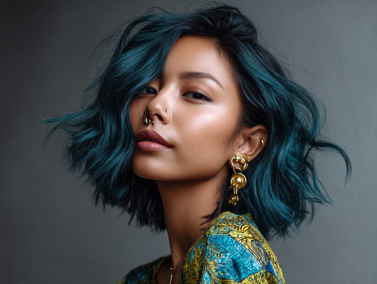 realistic close-up of a woman with an oval face, medium-length choppy hairstyle, layered cut, mix of deep teal and indigo hair colors, styled in loose waves, artistic indoor lighting, unique fashion look, original facial features, cool-tone styling