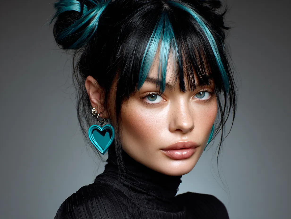 portrait of a woman with a heart-shaped face, choppy layered hairstyle with long curtain bangs, black hair with vibrant turquoise streaks, soft studio light, modern fashion editorial vibe, unique facial proportions, original face design