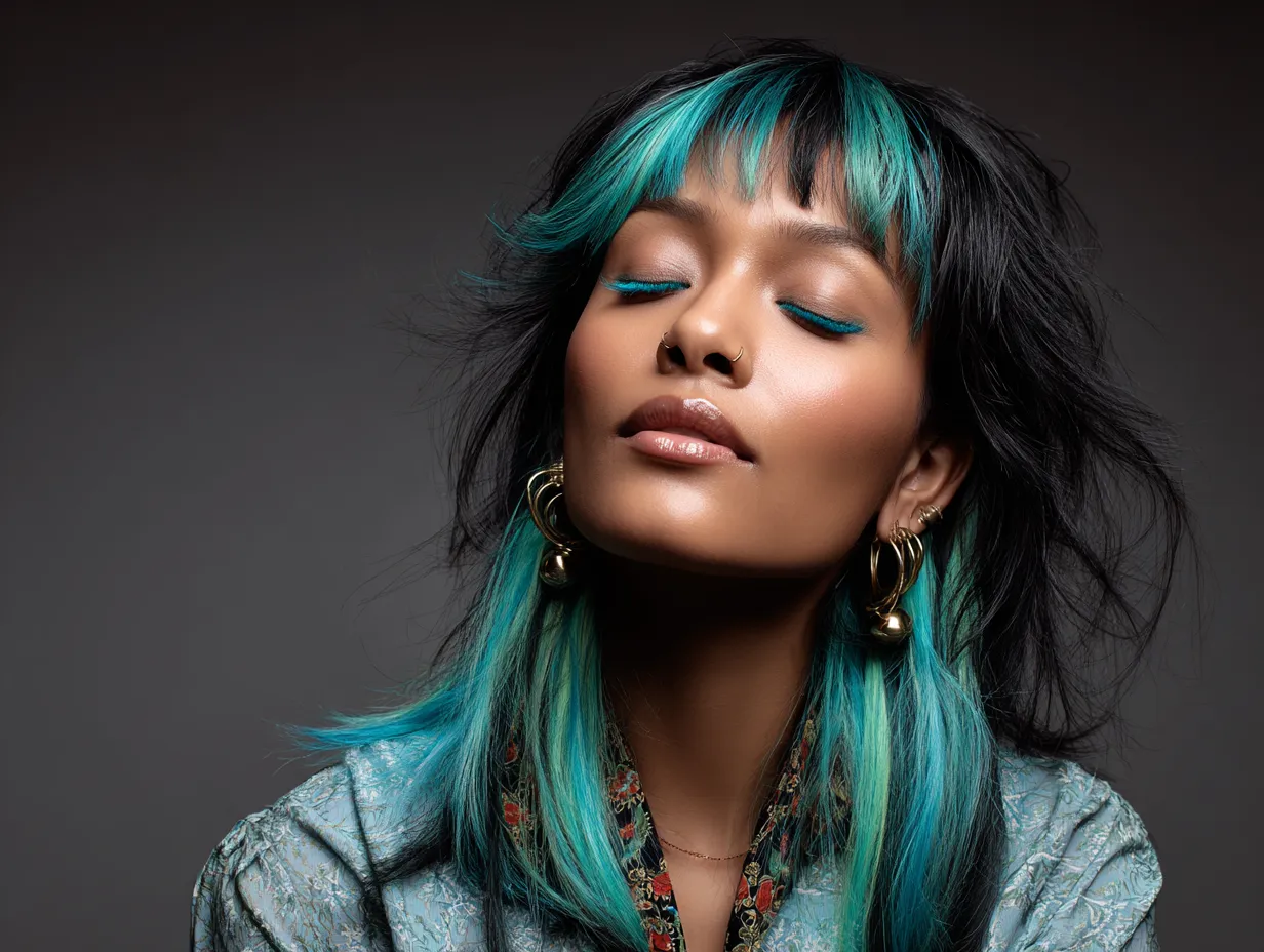 portrait of a woman with a heart-shaped face, choppy layered hairstyle with long curtain bangs, black hair with vibrant turquoise streaks, soft studio light, modern fashion editorial vibe, unique facial proportions, original face design
