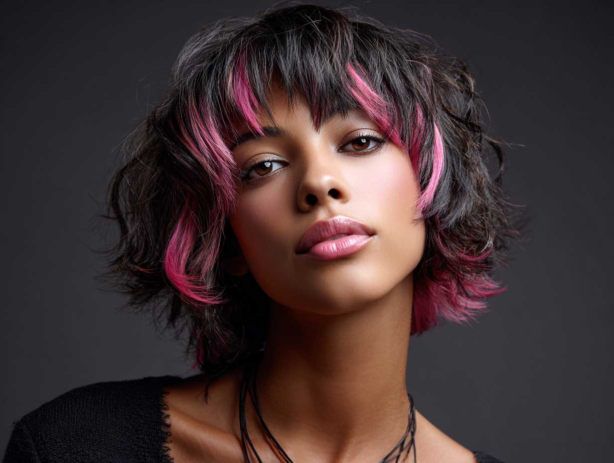 portrait of a woman with an oval face, choppy hairstyle with layered bangs, rich black base with neon pink highlights, glossy hair texture, contemporary studio background, detailed lighting on hair strands, edgy aesthetic, original non-standard facial features