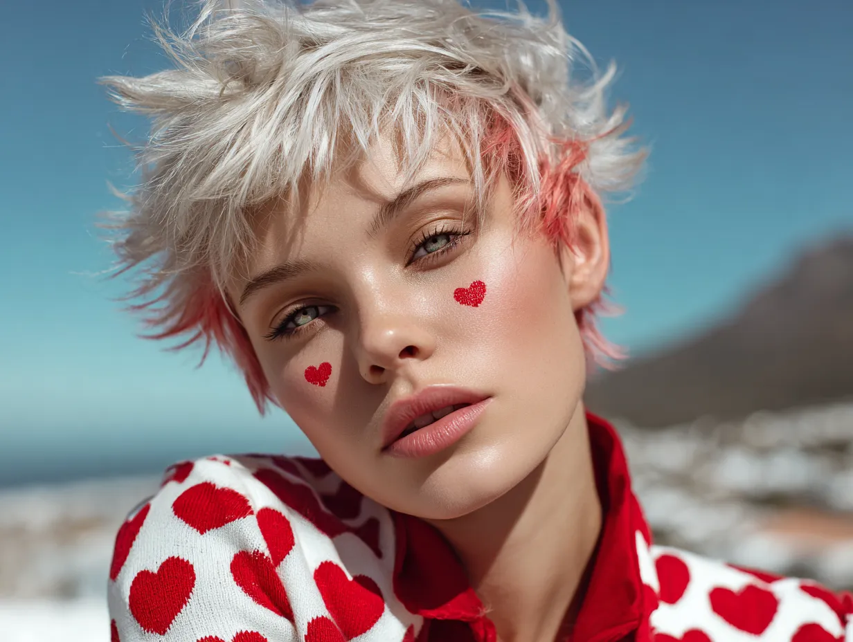 artistic close-up of a woman with a heart-shaped face, tousled choppy pixie cut, platinum blonde base with bright coral tips, outdoor daylight setting, windswept hair, creative visual angle, strong cheekbones, unique facial details