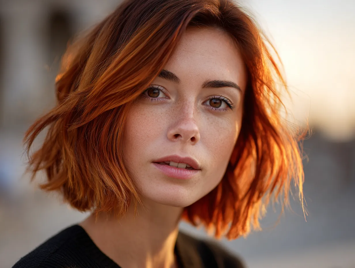 close-up portrait of a woman with a long face, mid-length choppy haircut with flipped out layers, dark auburn base transitioning to crimson orange ends, outdoor sunset lighting, glowing hair strands, expressive original facial features
