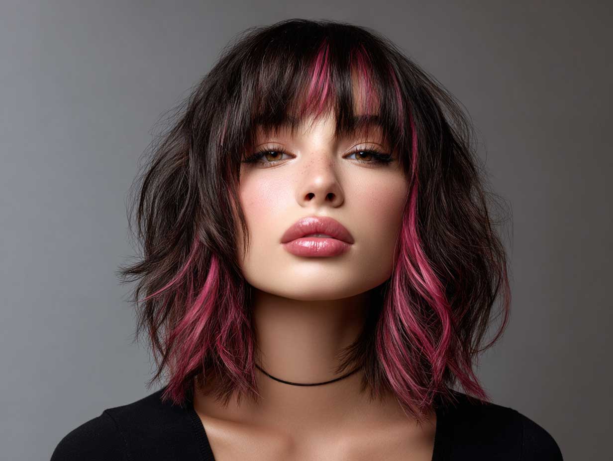portrait of a woman with an oval face, choppy hairstyle with layered bangs, rich black base with neon pink highlights, glossy hair texture, contemporary studio background, detailed lighting on hair strands, edgy aesthetic, original non-standard facial features