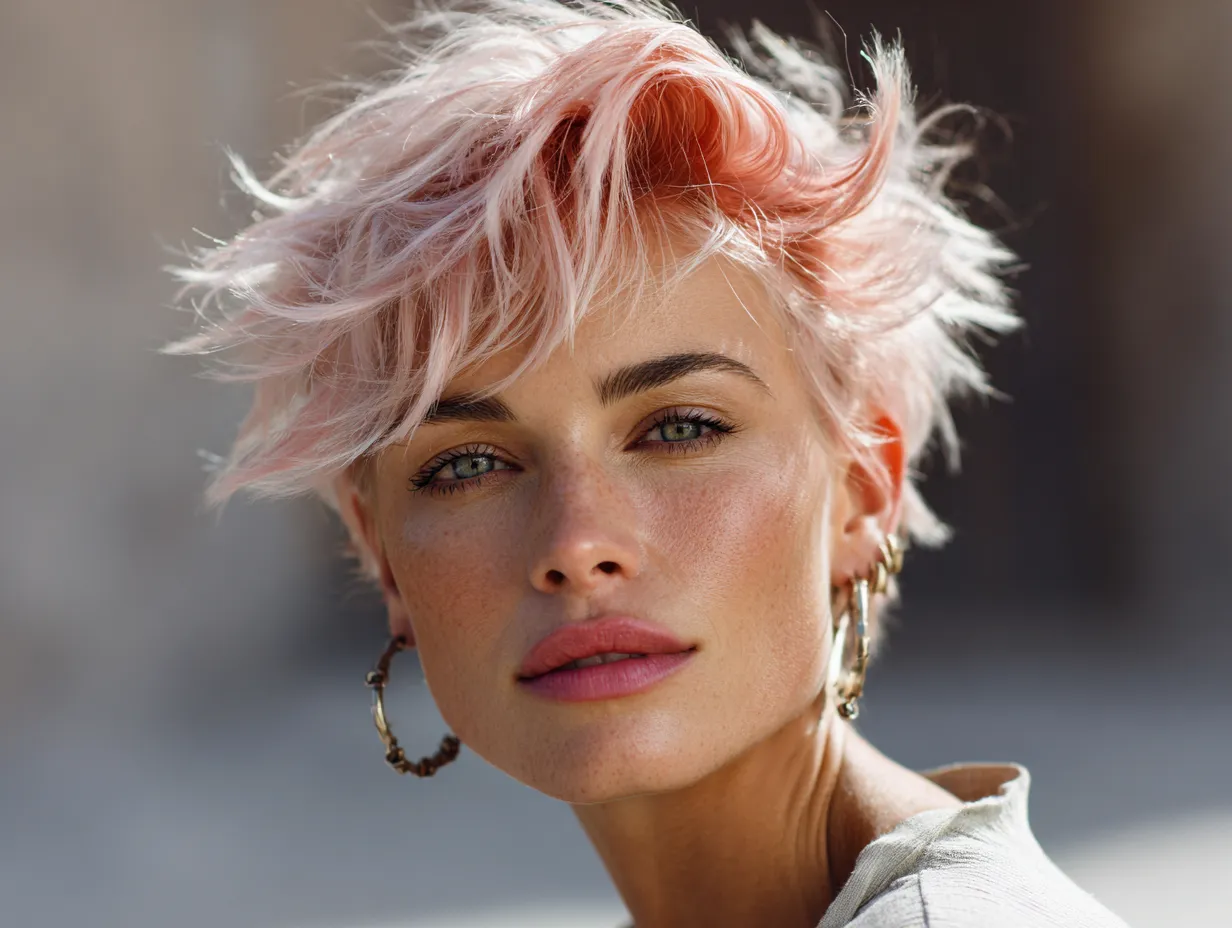 artistic close-up of a woman with a heart-shaped face, tousled choppy pixie cut, platinum blonde base with bright coral tips, outdoor daylight setting, windswept hair, creative visual angle, strong cheekbones, unique facial details