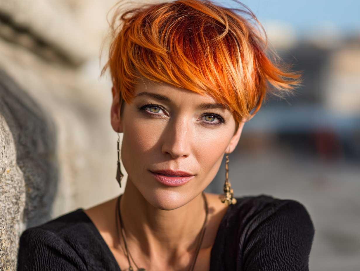portrait of a woman with an oval face, short choppy hairstyle, vibrant orange ombre transitioning from burnt orange roots to bright tangerine tips, matte hair finish, outdoor natural lighting, wind-blown dynamic effect, expressive original features
