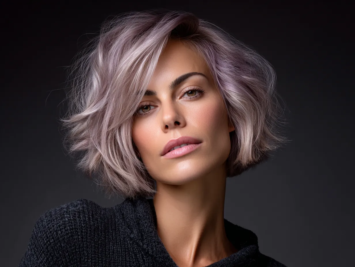 high-fashion portrait of a woman with a heart-shaped face, choppy angled lob haircut, soft purple balayage on dark base, sharp jawline, textured hair strands, original facial design