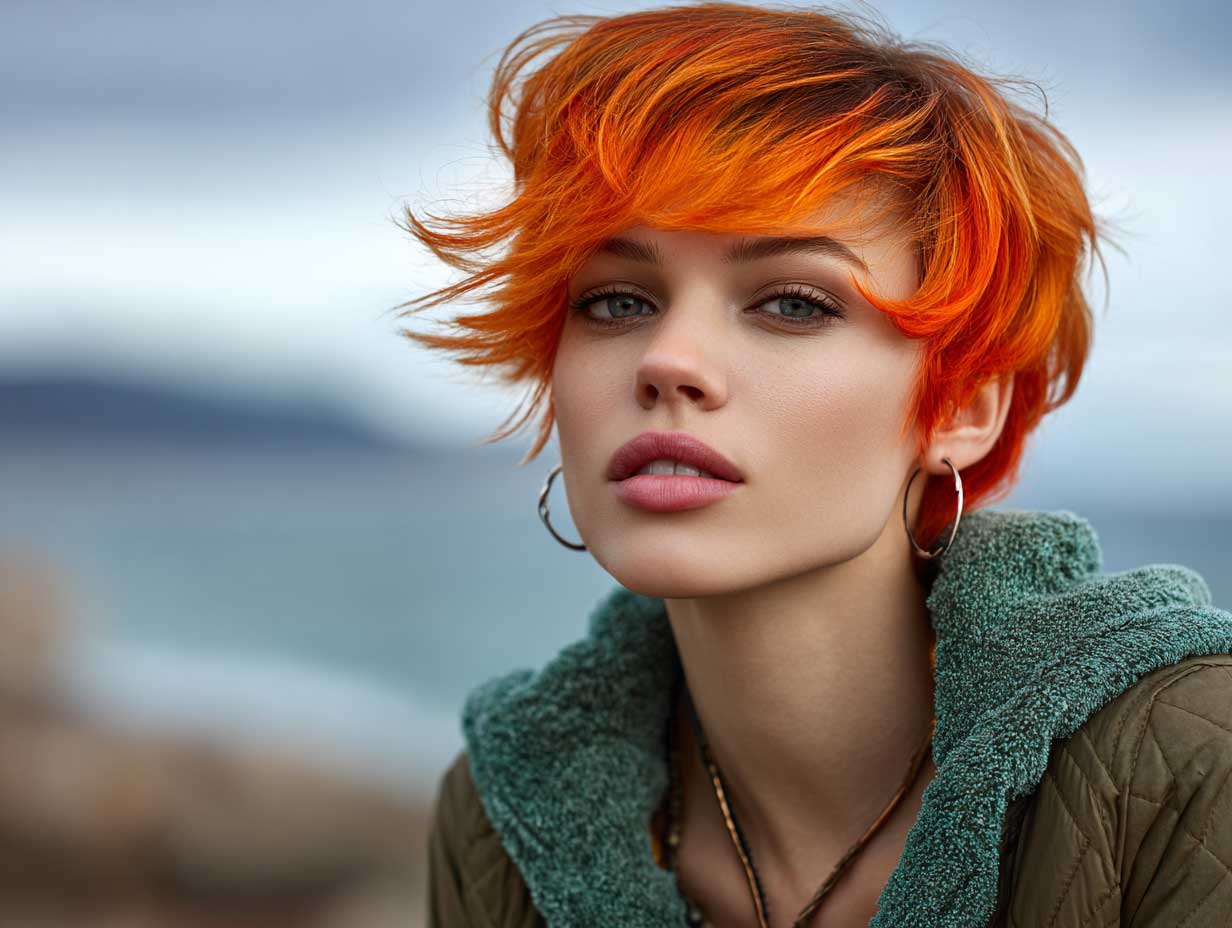 portrait of a woman with an oval face, short choppy hairstyle, vibrant orange ombre transitioning from burnt orange roots to bright tangerine tips, matte hair finish, outdoor natural lighting, wind-blown dynamic effect, expressive original features