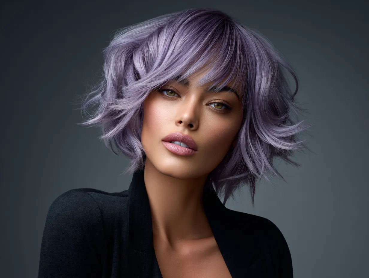 high-fashion portrait of a woman with a heart-shaped face, choppy angled lob haircut, soft purple balayage on dark base, sharp jawline, textured hair strands, original facial design