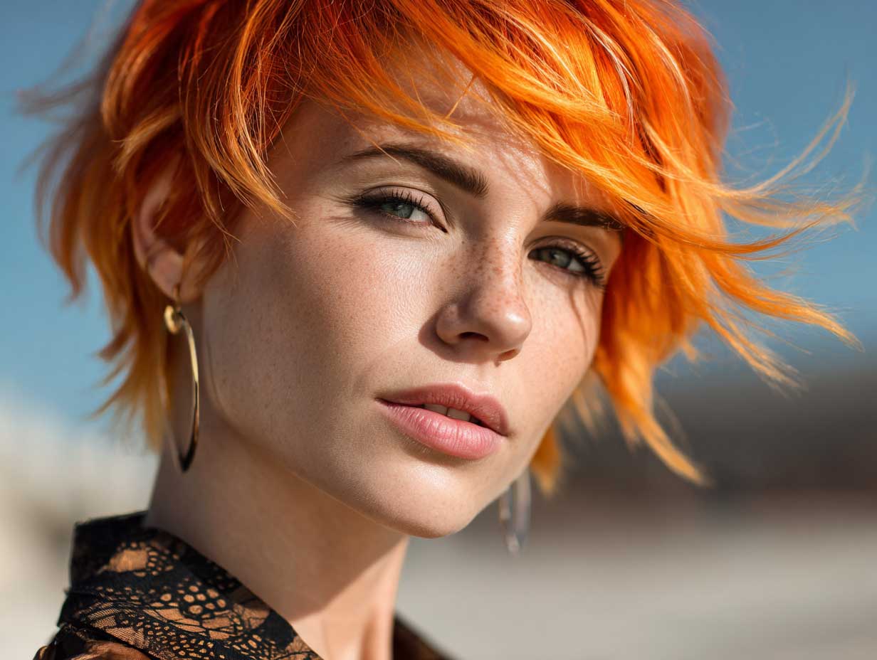 portrait of a woman with an oval face, short choppy hairstyle, vibrant orange ombre transitioning from burnt orange roots to bright tangerine tips, matte hair finish, outdoor natural lighting, wind-blown dynamic effect, expressive original features