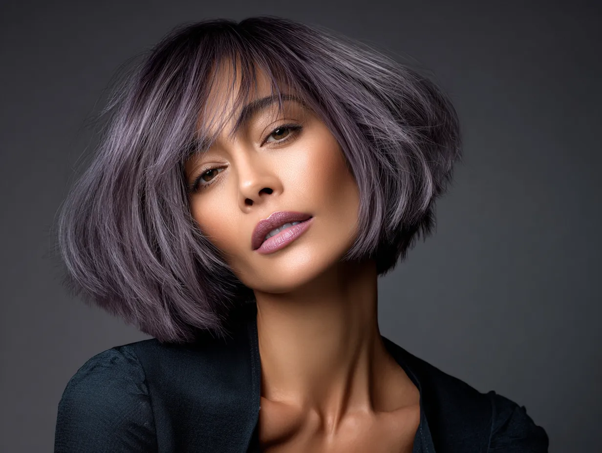 high-fashion portrait of a woman with a heart-shaped face, choppy angled lob haircut, soft purple balayage on dark base, sharp jawline, textured hair strands, original facial design