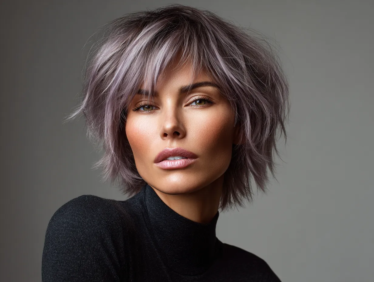 high-fashion portrait of a woman with a heart-shaped face, choppy angled lob haircut, soft purple balayage on dark base, sharp jawline, textured hair strands, original facial design