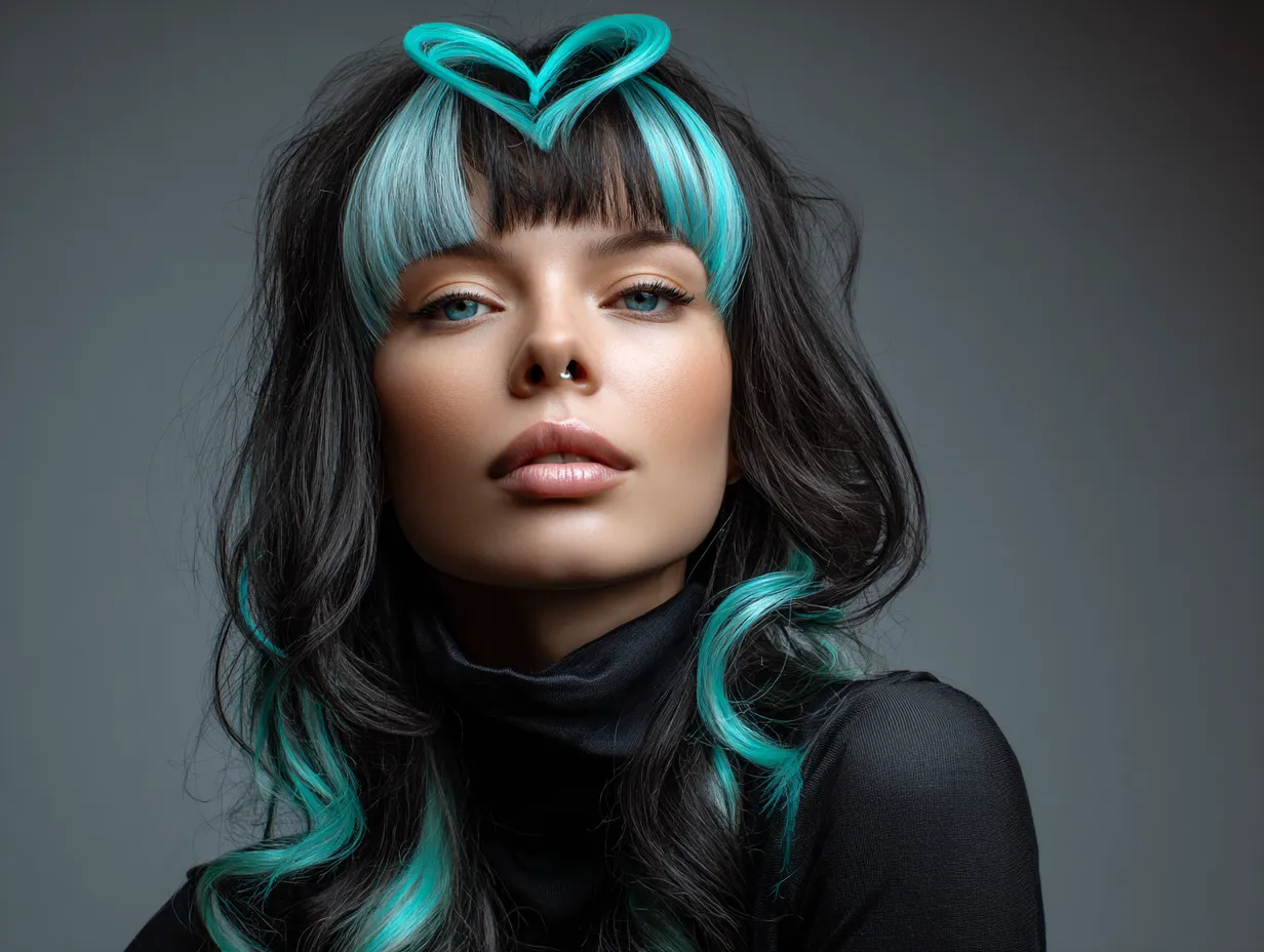 portrait of a woman with a heart-shaped face, choppy layered hairstyle with long curtain bangs, black hair with vibrant turquoise streaks, soft studio light, modern fashion editorial vibe, unique facial proportions, original face design