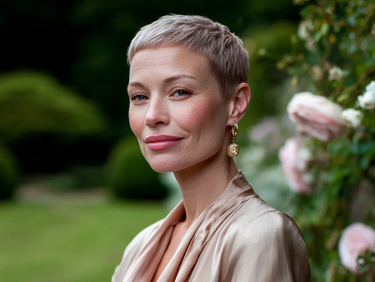 portrait of a woman with a champagne beige comma haircut, smooth soft texture, elegant wedding guest attire, floral outdoor venue background, natural glow