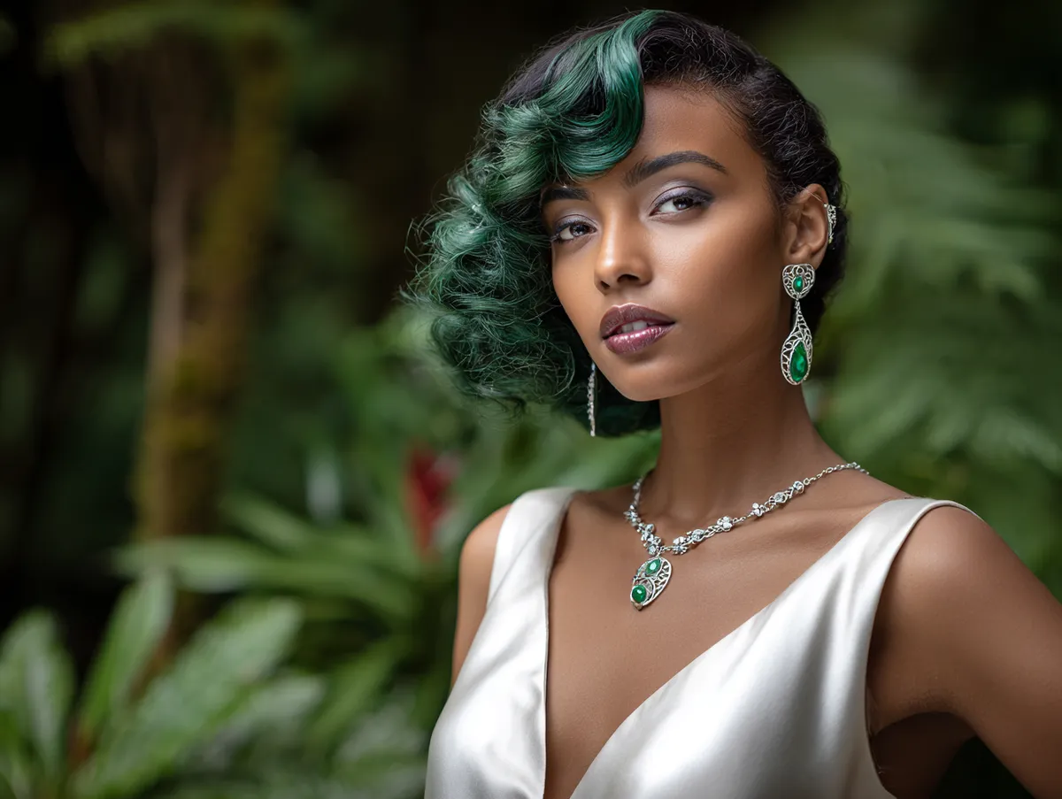 portrait of a woman with a forest emerald comma haircut, rich green hues, voluminous waves, botanical garden wedding background, dressed in satin gown
