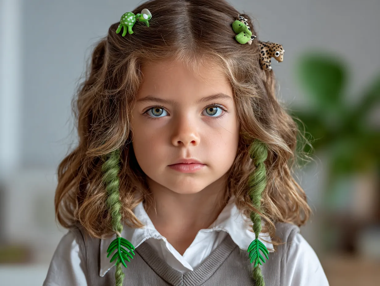 a child with brown and green hair styled into a jungle theme, decorated with small toy animals like monkeys and snakes, leaves and vines made from craft supplies, nature background, playful mood, original child face, exciting and fun look