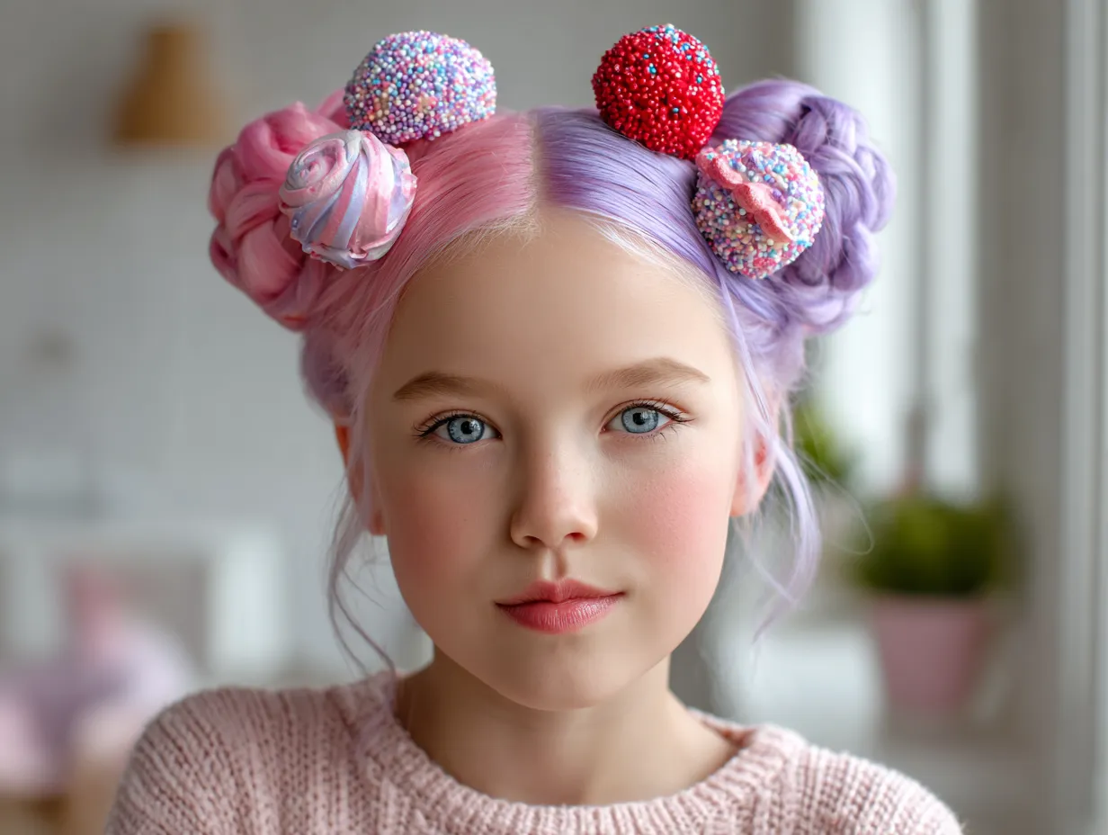 a smiling child with pastel pink and purple hair styled into cupcake swirls, topped with fake frosting, glitter sprinkles, and a cherry clip, bright outfit, cheerful background, original cute face, colorful and imaginative hairstyle