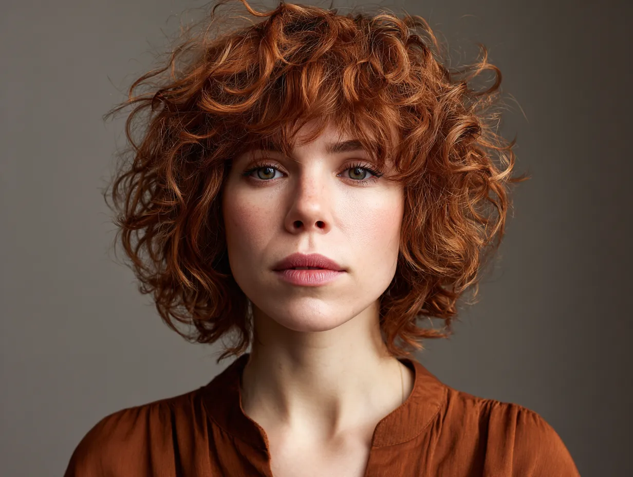 close-up image of a woman with a curly shag haircut, irregular asymmetric micro fringe, rich auburn curls with unruly layered edges, vintage color tone