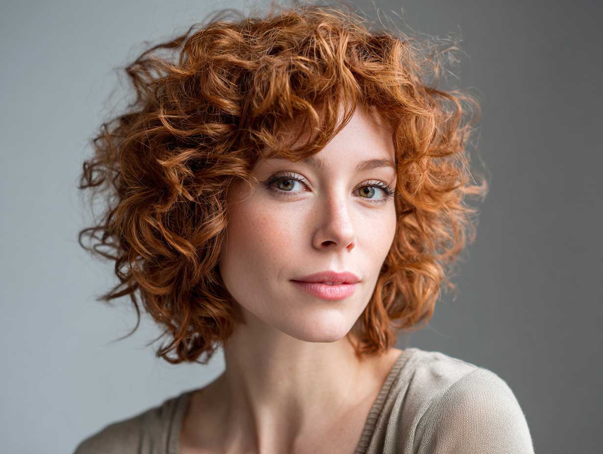 close-up portrait of a woman with a curly shag haircut, light auburn soft curls, airy wispy layers, retro softness, natural backlight