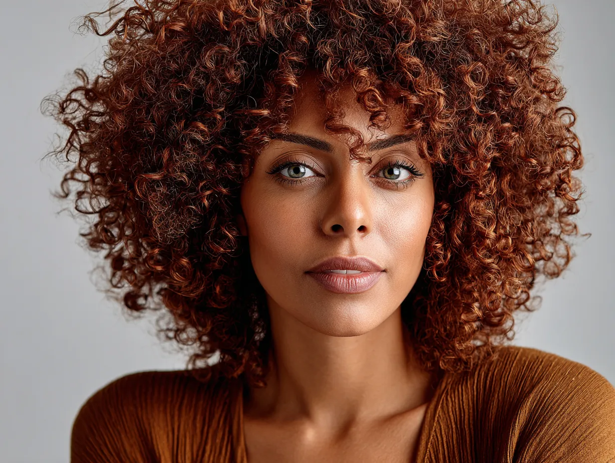 close-up portrait of a woman with a curly shag haircut, dark auburn coils, lifted crown, layered side sections, film-inspired tones, non-standard face, light background