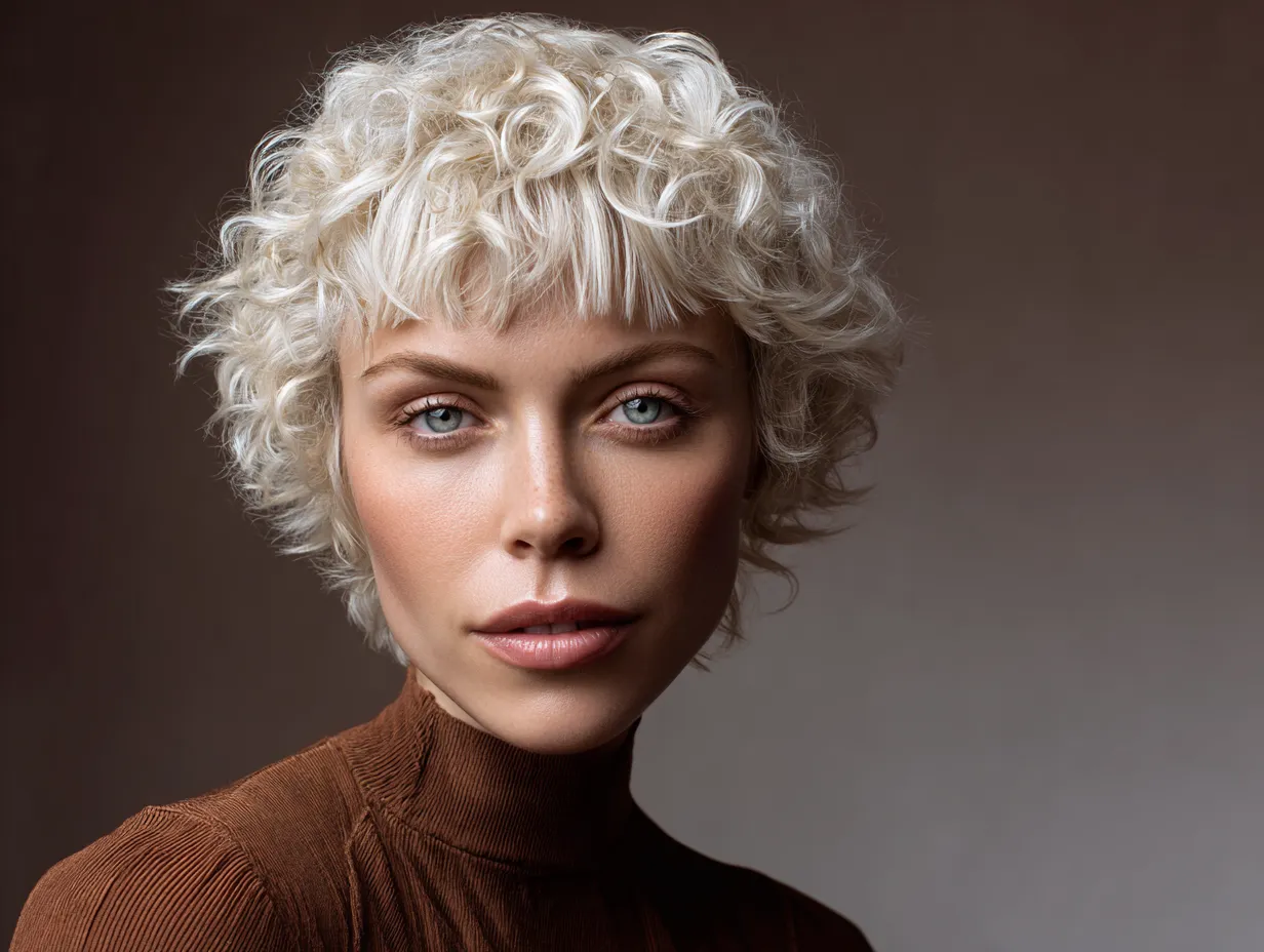 portrait of a woman with a curly shag haircut, razor-cut layers, ultra-short micro bangs, platinum blonde curls, soft ambient lighting