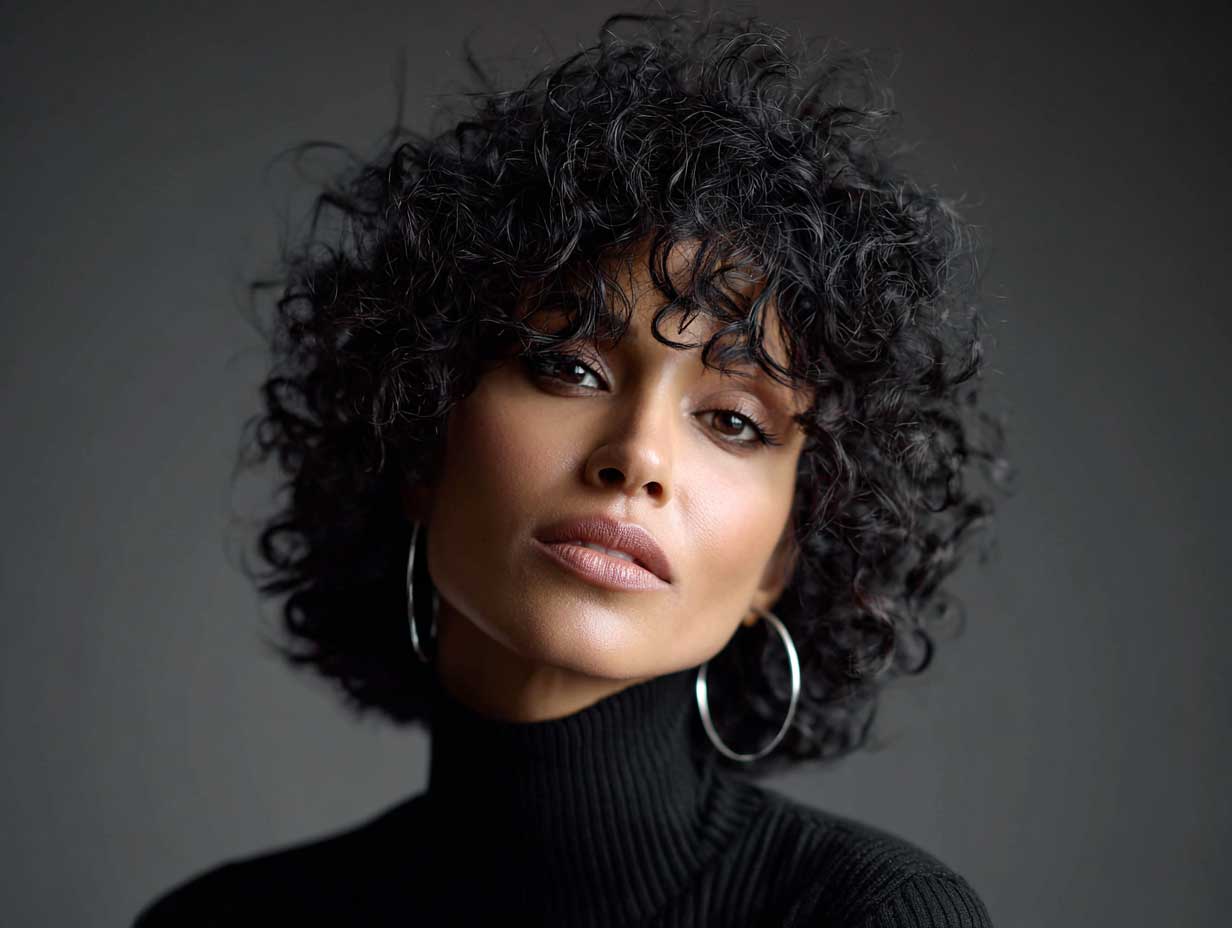 portrait of a woman with a curly shag haircut, jet black curls, dramatic short bangs, voluminous crown lift, soft glam makeup, 1980s inspired