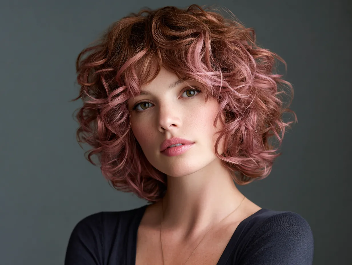 portrait of a woman with a curly shag haircut, chin-length soft curls, subtle tapered layers, dusty rose hair color, natural backlight, non-standard face, editorial-style composition