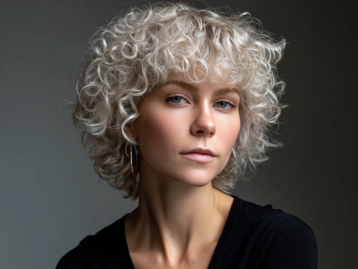 portrait of a woman with a curly shag haircut, razor-cut layers, ultra-short micro bangs, platinum blonde curls, soft ambient lighting