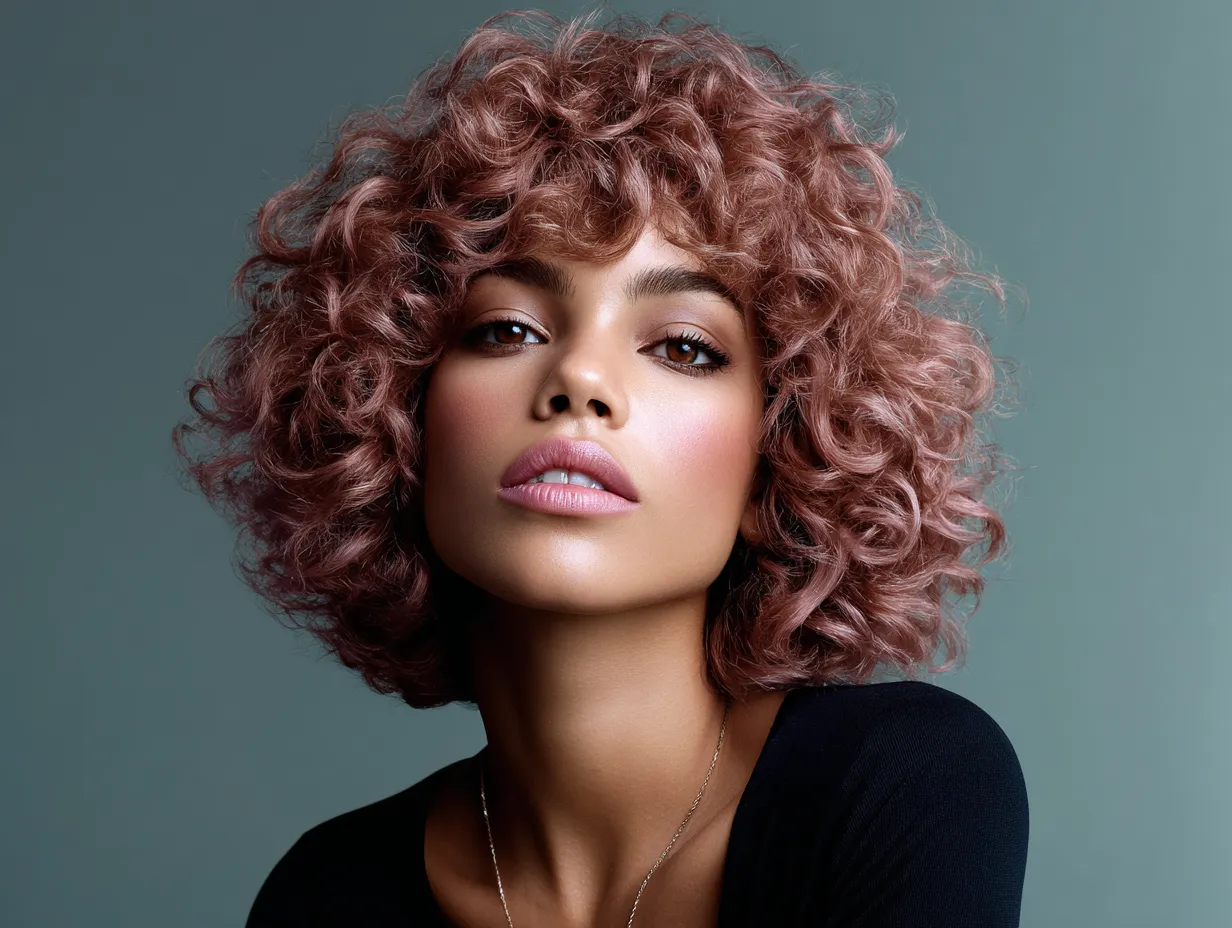portrait of a woman with a curly shag haircut, chin-length soft curls, subtle tapered layers, dusty rose hair color, natural backlight, non-standard face, editorial-style composition