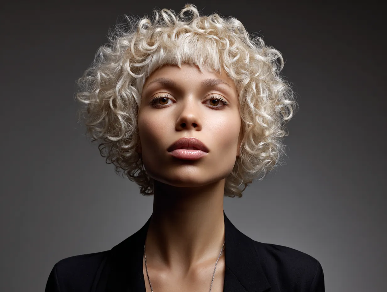 portrait of a woman with a curly shag haircut, razor-cut layers, ultra-short micro bangs, platinum blonde curls, soft ambient lighting