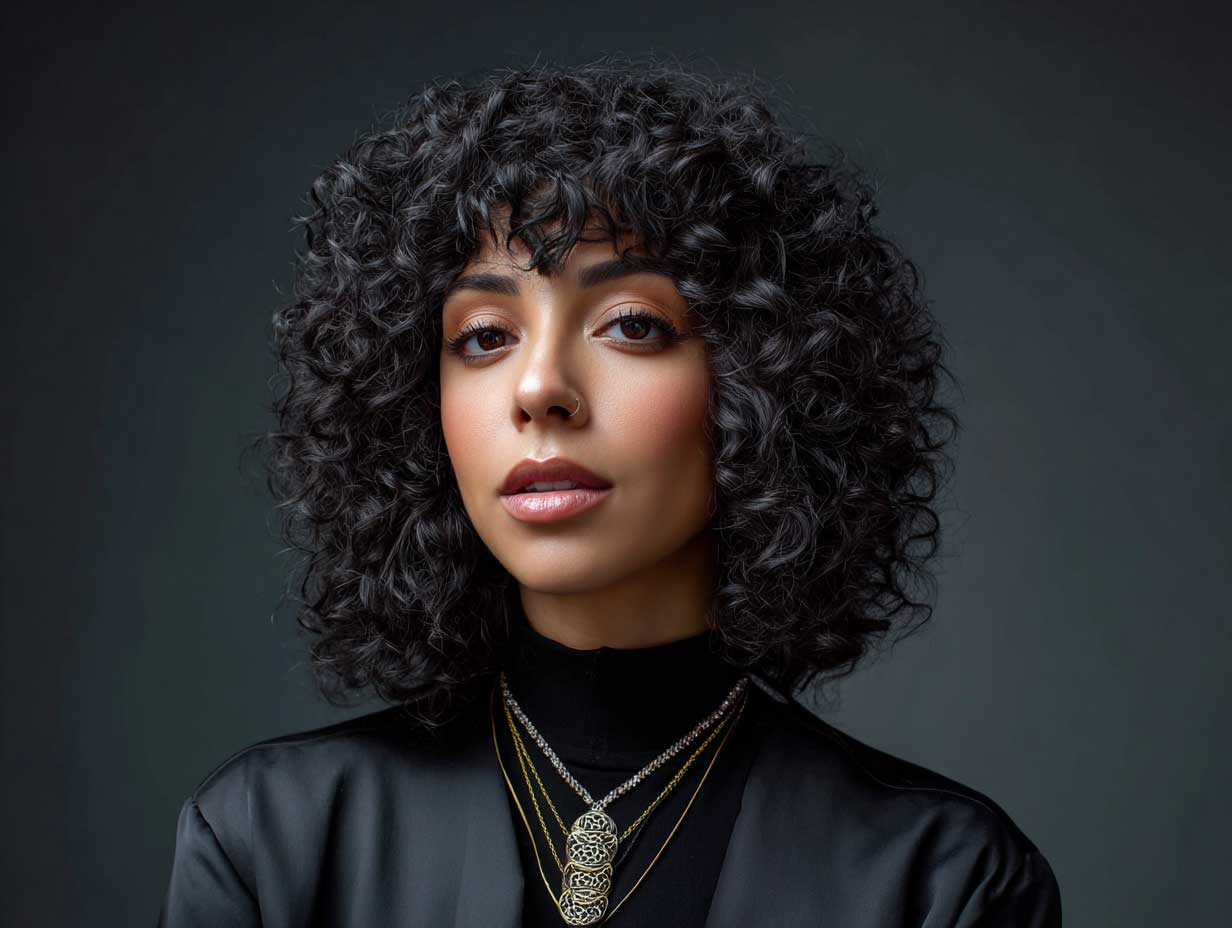 portrait of a woman with a curly shag haircut, jet black curls, dramatic short bangs, voluminous crown lift, soft glam makeup, 1980s inspired