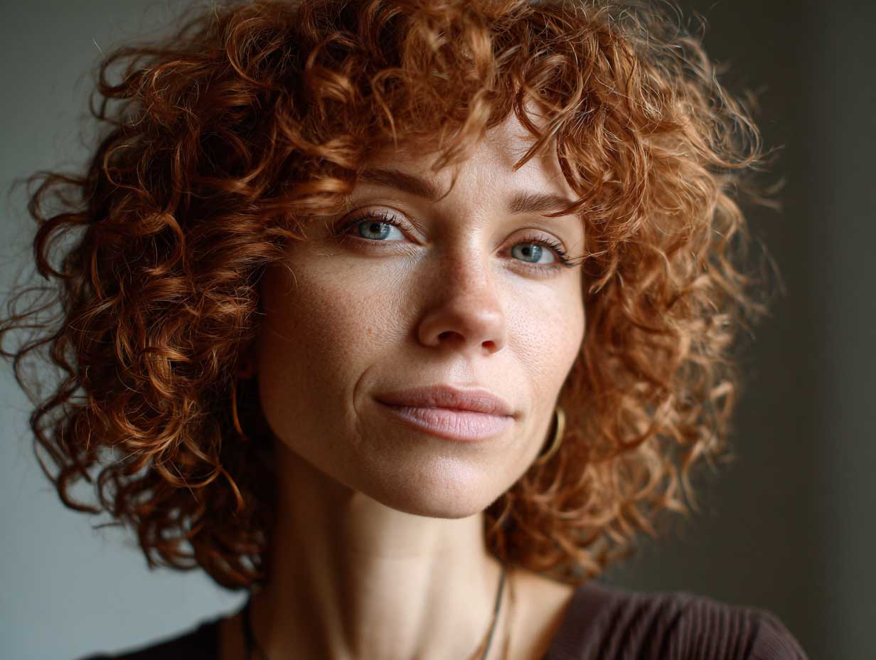 close-up portrait of a woman with a curly shag haircut, light auburn soft curls, airy wispy layers, retro softness, natural backlight