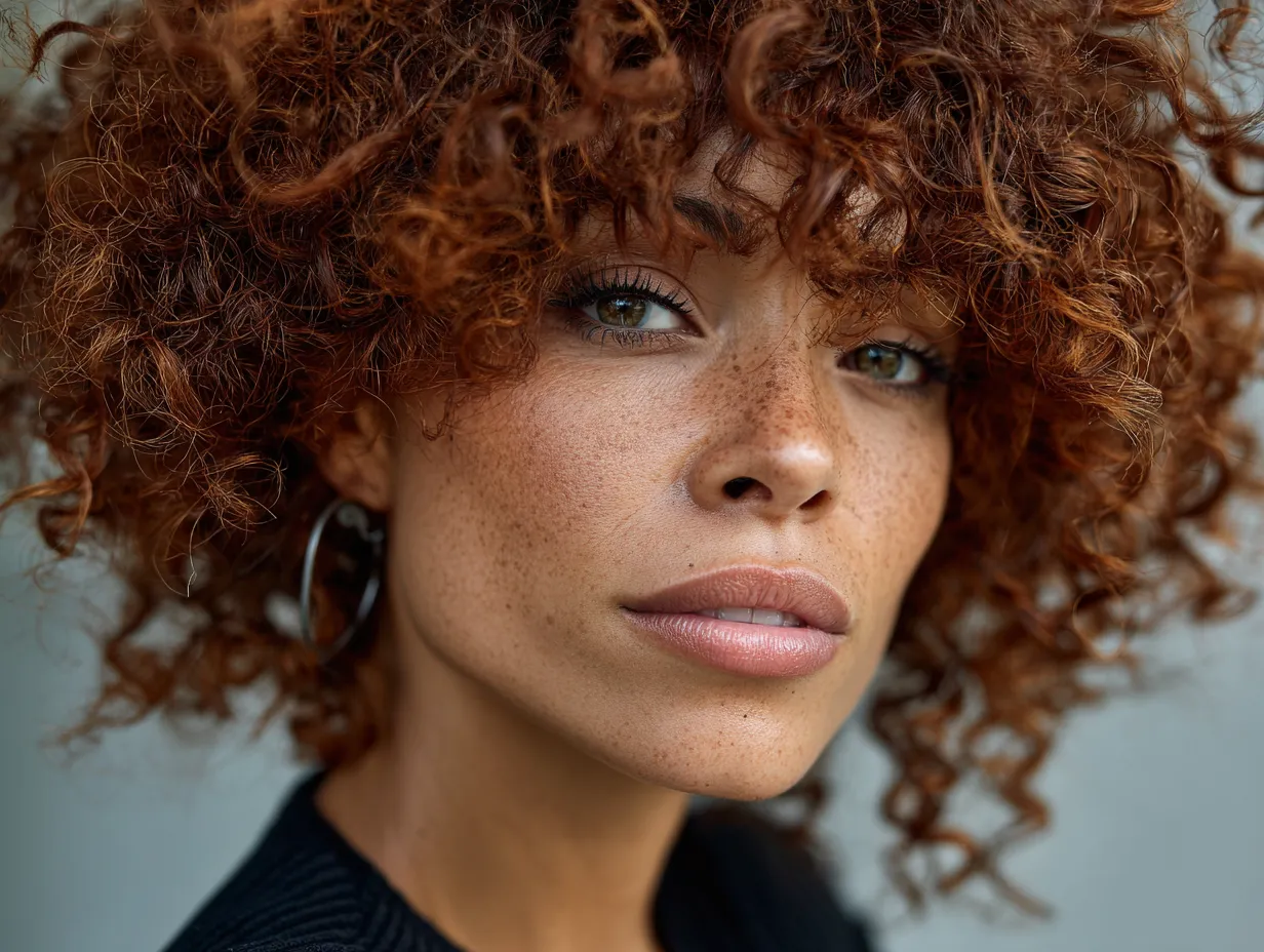 close-up image of a woman with a curly shag haircut, irregular asymmetric micro fringe, rich auburn curls with unruly layered edges, vintage color tone