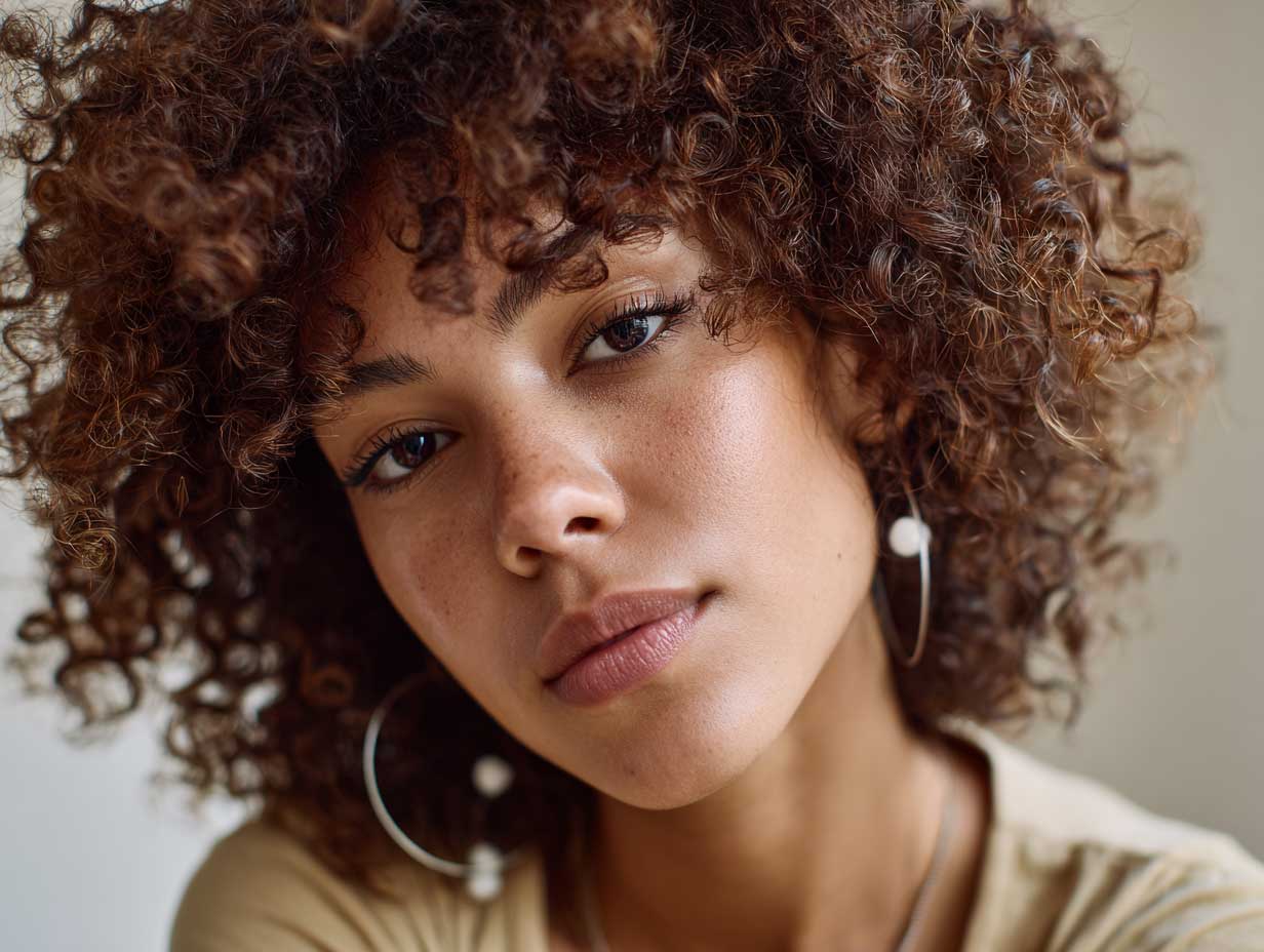 close-up portrait of a woman with a curly shag haircut, light auburn soft curls, airy wispy layers, retro softness, natural backlight